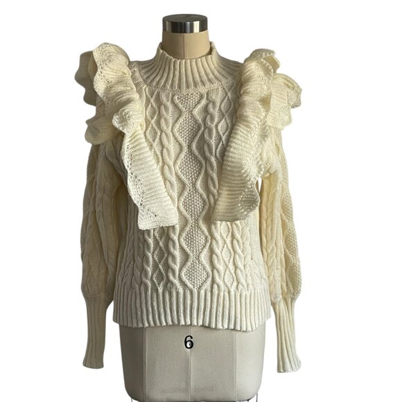 Ivory Cream Cable Knit Sweater w/Ruffles - S - Picture 3 of 7